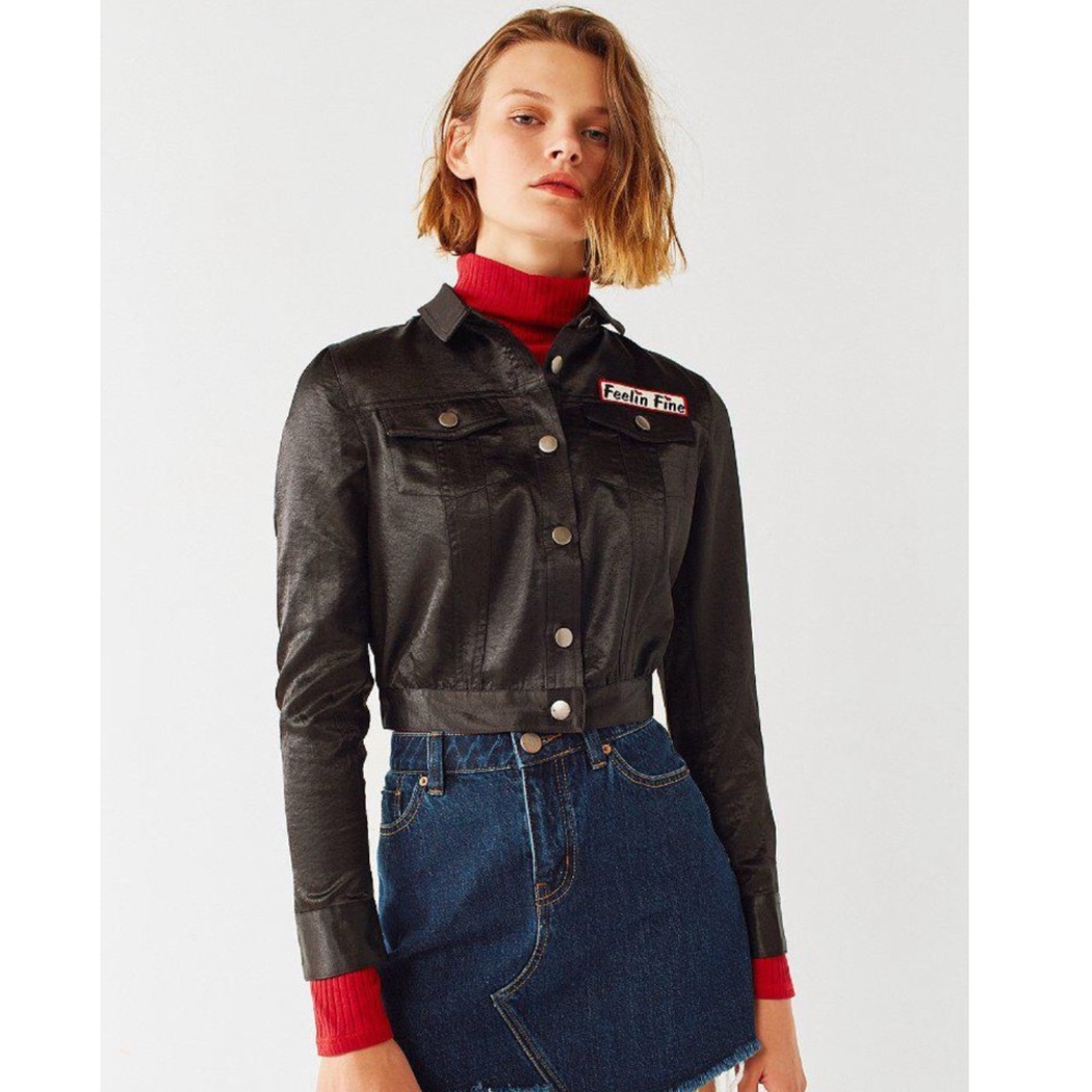 UO Embroidered Cropped Satin Trucker Jacket XS NEW - Picture 1 of 6